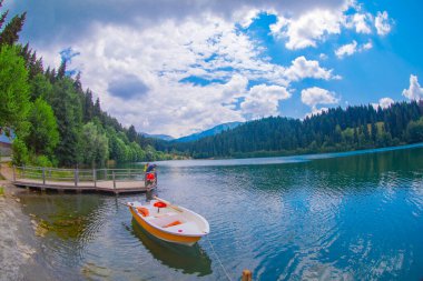 Karadeniz bölgesinde sabah buharlaşmasıyla Savsat Karagol Gölü. Savsat Karagol Gölü, Artvin ormanında büyük bir alabalık gölüdür.