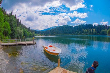 Karadeniz bölgesinde sabah buharlaşmasıyla Savsat Karagol Gölü. Savsat Karagol Gölü, Artvin ormanında büyük bir alabalık gölüdür.
