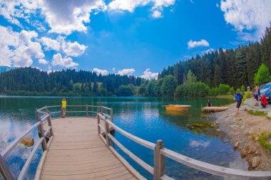 Karadeniz bölgesinde sabah buharlaşmasıyla Savsat Karagol Gölü. Savsat Karagol Gölü, Artvin ormanında büyük bir alabalık gölüdür.