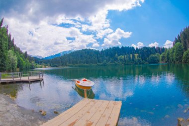 Karadeniz bölgesinde sabah buharlaşmasıyla Savsat Karagol Gölü. Savsat Karagol Gölü, Artvin ormanında büyük bir alabalık gölüdür.