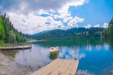 Karadeniz bölgesinde sabah buharlaşmasıyla Savsat Karagol Gölü. Savsat Karagol Gölü, Artvin ormanında büyük bir alabalık gölüdür.