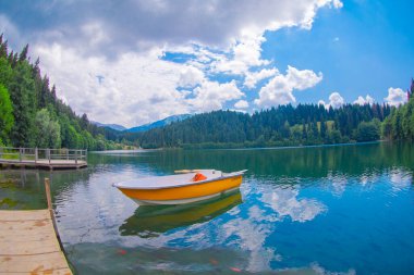 Karadeniz bölgesinde sabah buharlaşmasıyla Savsat Karagol Gölü. Savsat Karagol Gölü, Artvin ormanında büyük bir alabalık gölüdür.