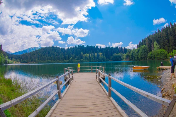 Karadeniz bölgesinde sabah buharlaşmasıyla Savsat Karagol Gölü. Savsat Karagol Gölü, Artvin ormanında büyük bir alabalık gölüdür.