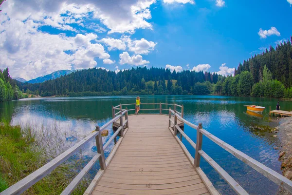 Karadeniz bölgesinde sabah buharlaşmasıyla Savsat Karagol Gölü. Savsat Karagol Gölü, Artvin ormanında büyük bir alabalık gölüdür.