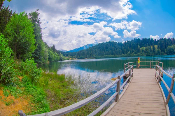 Karadeniz bölgesinde sabah buharlaşmasıyla Savsat Karagol Gölü. Savsat Karagol Gölü, Artvin ormanında büyük bir alabalık gölüdür.