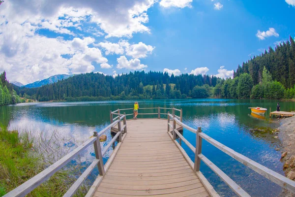 Karadeniz bölgesinde sabah buharlaşmasıyla Savsat Karagol Gölü. Savsat Karagol Gölü, Artvin ormanında büyük bir alabalık gölüdür.