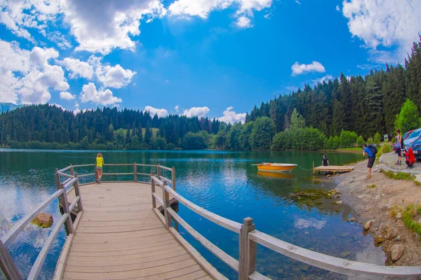 Karadeniz bölgesinde sabah buharlaşmasıyla Savsat Karagol Gölü. Savsat Karagol Gölü, Artvin ormanında büyük bir alabalık gölüdür.