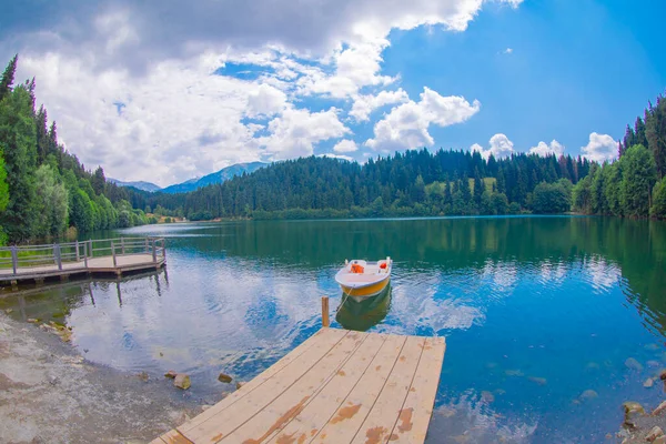 Karadeniz bölgesinde sabah buharlaşmasıyla Savsat Karagol Gölü. Savsat Karagol Gölü, Artvin ormanında büyük bir alabalık gölüdür.