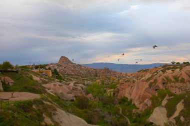  Türkiye 'nin Kapadokya bölgesindeki Uchisar' da bir bahar günü Güvercin Vadisi 'nin yukarısında bir tabela direğinde bir güvercin oturuyor.