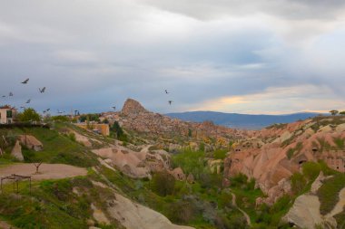  Türkiye 'nin Kapadokya bölgesindeki Uchisar' da bir bahar günü Güvercin Vadisi 'nin yukarısında bir tabela direğinde bir güvercin oturuyor.