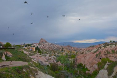 Türkiye 'nin Kapadokya bölgesindeki Uchisar' da bir bahar günü Güvercin Vadisi 'nin yukarısında bir tabela direğinde bir güvercin oturuyor.