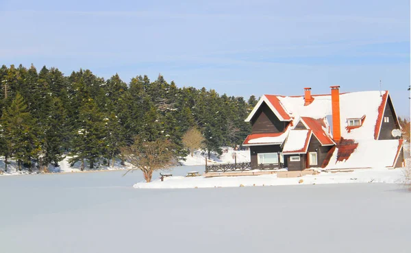 Lake Wooden House Snowy Winter Day Forest Bolu Glck National —  Fotos de Stock