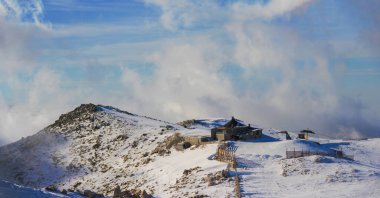 Uludag mountain climbing and panoramic views. People are skiing in Uluda. Uludag is Turkey's ski resort.