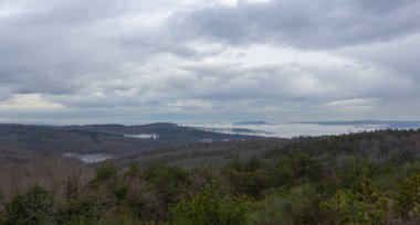 Aerial view of belgrade forests, panoramic shot on a foggy day / istanbul