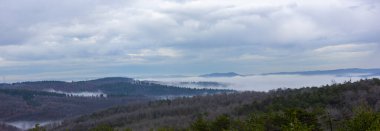Aerial view of belgrade forests, panoramic shot on a foggy day / istanbul