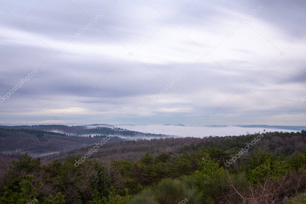 Aerial view of belgrade forests, panoramic shot on a foggy day / istanbul