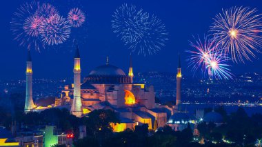 The most beautiful architectural structures and scenery of Istanbul, celebration with fireworks, vibrant city and lights