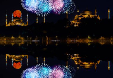 The most beautiful architectural structures and scenery of Istanbul, celebration with fireworks, vibrant city and lights