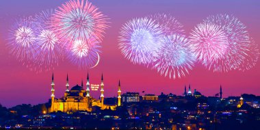 The most beautiful architectural structures and scenery of Istanbul, celebration with fireworks, vibrant city and lights