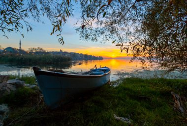 The golyazi village on the shores of the Uluabat lake in bursa. Landscape from Golyazi with green nature and reflection