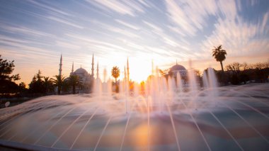 Blue Mosque and large pool photographed with long exposure technique