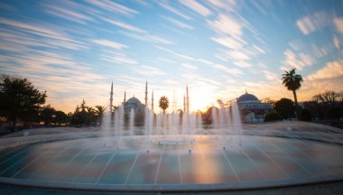 Blue Mosque and large pool photographed with long exposure technique