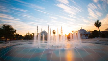 Blue Mosque and large pool photographed with long exposure technique