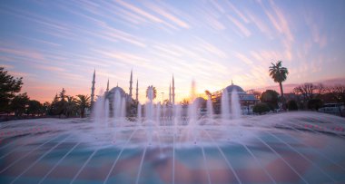 Blue Mosque and large pool photographed with long exposure technique