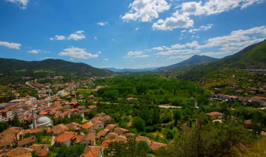 Zafer Kulesi (Zafer Kulesi) ve arka planda geleneksel evler. Goynuk, Bolu, Türkiye.
