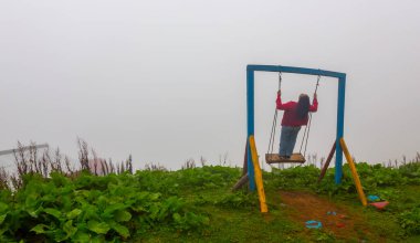 Uçurumun kenarında sallan, insanlar manzaraya karşı sallanıyor.