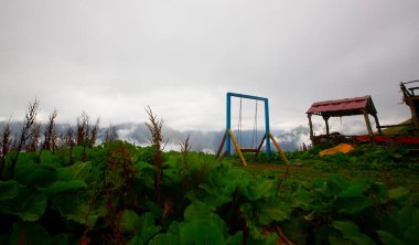 Uçurumun kenarında sallan, insanlar manzaraya karşı sallanıyor.