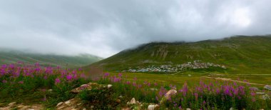 İsviçre 'deki Greene Platosu' nda sisli bir günde bahar sonlarında dağların arasında dolambaçlı bir dağ yolu ve yaylalar. yüksek kaliteli fotoğraf