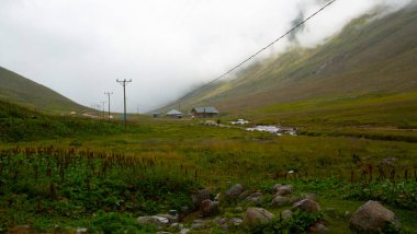 İsviçre 'deki Greene Platosu' nda sisli bir günde bahar sonlarında dağların arasında dolambaçlı bir dağ yolu ve yaylalar. yüksek kaliteli fotoğraf