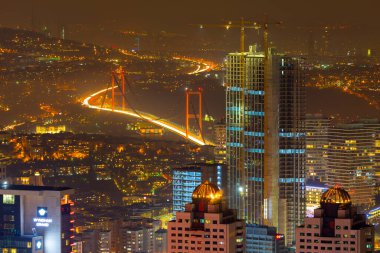 İstanbul Şehir Gece Hava Görüntüsü, Gökdelenler ve Boğaz Köprüsü