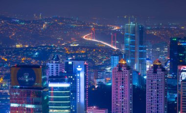 İstanbul Şehir Gece Hava Görüntüsü, Gökdelenler ve Boğaz Köprüsü