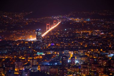 İstanbul Şehir Gece Hava Görüntüsü, Gökdelenler ve Boğaz Köprüsü