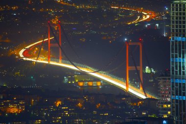 İstanbul Şehir Gece Hava Görüntüsü, Gökdelenler ve Boğaz Köprüsü