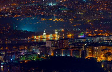 İstanbul Şehir Gece Hava Görüntüsü, Gökdelenler ve Boğaz Köprüsü