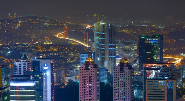 Istanbul City Night Aerial Image Wolkenkratzer Und Bosporus Brücke — Stockfoto