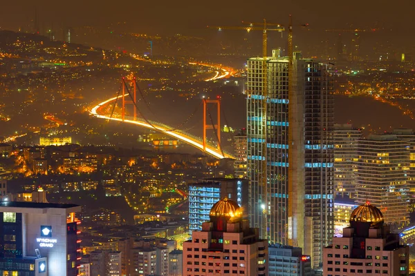 Стамбульський Міський Нічний Аерофотознімок Хмарочоси Міст Босфор — стокове фото