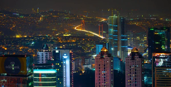 Istanbul City Night Aerial Image Wolkenkratzer Und Bosporus Brücke — Stockfoto
