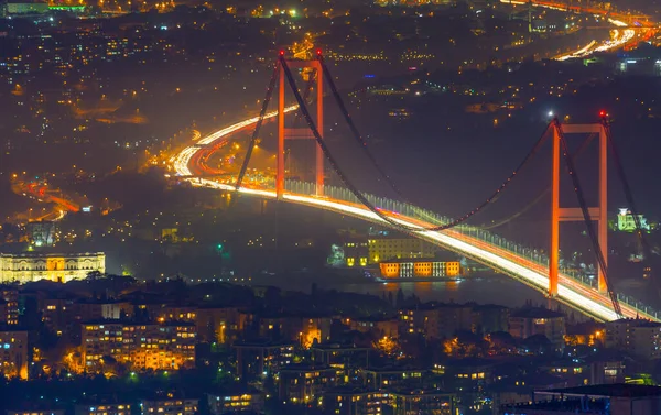 Istanbul City Night Aerial Image, Skyscrapers and Bosphorus Bridge