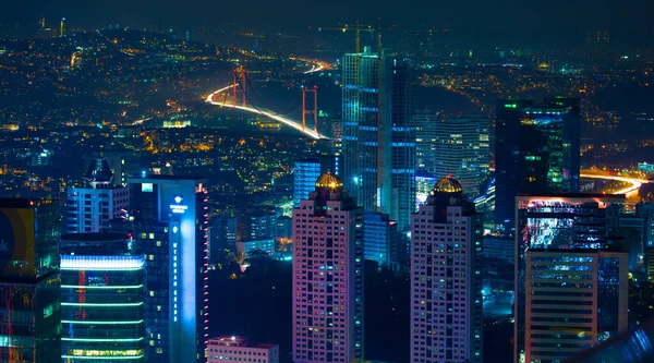 İstanbul Şehir Gece Hava Görüntüsü, Gökdelenler ve Boğaz Köprüsü