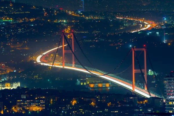 Istanbul City Night Aerial Image Wolkenkratzer Und Bosporus Brücke — Stockfoto