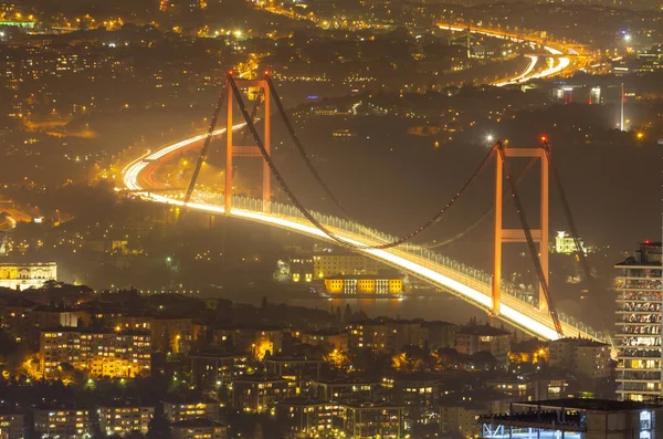 Istanbul City Night Aerial Image Wolkenkratzer Und Bosporus Brücke — Stockfoto