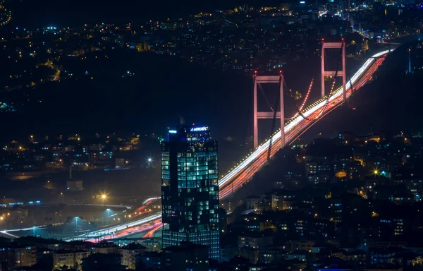Immagine Aerea Notturna Istanbul Grattacieli Ponte Sul Bosforo — Foto Stock