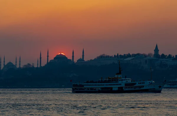 View Blue Mosque Hagia Sophia Sunset Sunset Photographed Tele Zoom — Stock Photo, Image