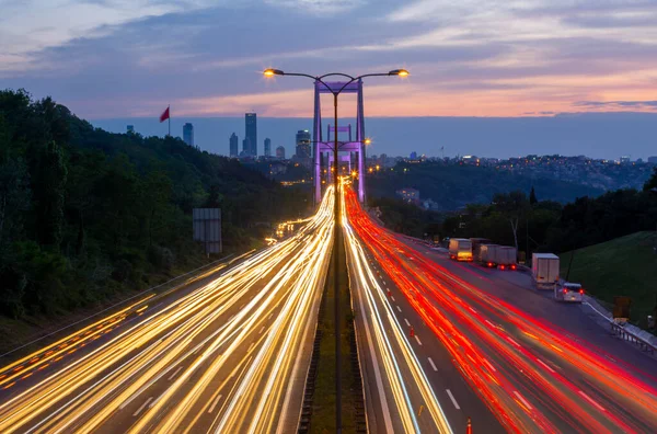 The big bridge connecting two continents in Istanbul was photographed with the traffic-intensive long exposure technique