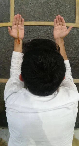 Muslims Praying Open Hands Holy Place Kaaba — Stock Photo, Image