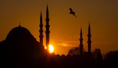 Muhteşem tarihi Süleyman Camii, Rustem Paşa Camii ve dramatik günbatımının önündeki binaların güzel manzarası. İstanbul Türkiye 'nin en popüler turizm beldesi. Türkiye 'ye Seyahat kavramı.